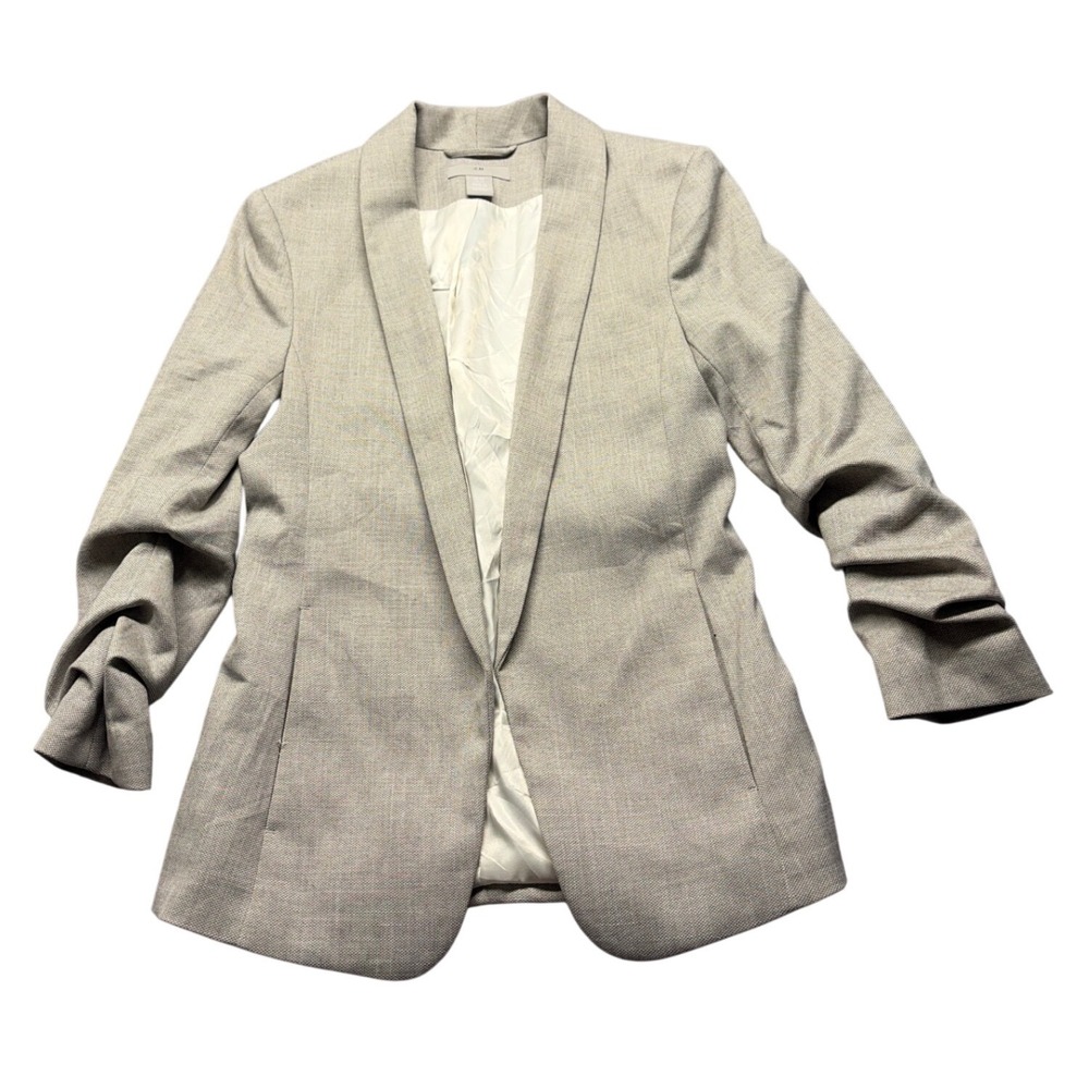 HM Womens Beige Textured Open Front Blazer Ruched 3/4 Sleeve Size XS 0708138 2